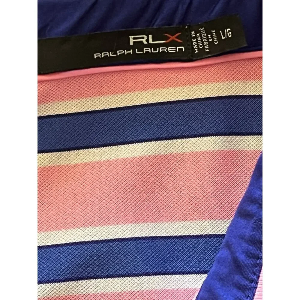 RLX Ralph Lauren Golf Polo Men L Pink Blue Wht Stripe Bear Mountain Performance